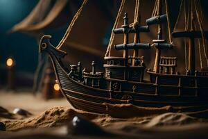un modelo de un pirata Embarcacion en un arenoso playa. generado por ai foto
