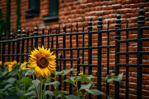 sunflower in front of a black iron fence. AI-Generated photo