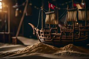 a model of a pirate ship in a sand pit. AI-Generated photo