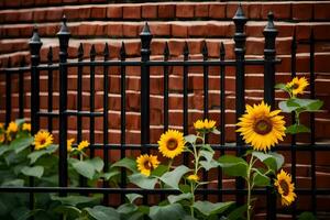 sunflowers growing in front of a brick wall. AI-Generated photo