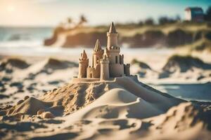 a sand castle on the beach. AI-Generated photo