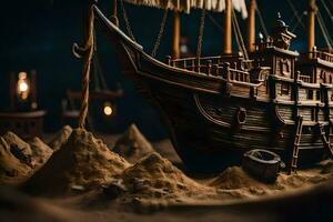 a model of a pirate ship in the sand. AI-Generated photo