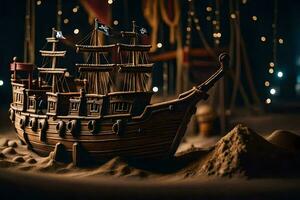 a model of a pirate ship in the sand. AI-Generated photo