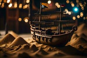 un pirata Embarcacion es sentado en el arena. generado por ai foto