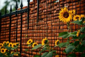 sunflowers are growing in front of a brick fence. AI-Generated photo