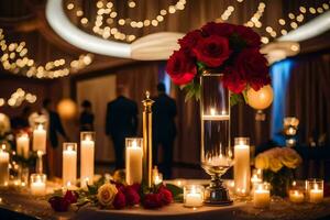 un mesa con velas y rojo rosas. generado por ai foto