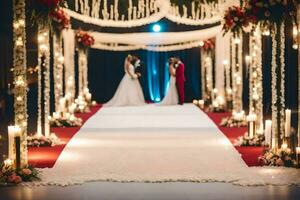 un Boda ceremonia con un blanco alfombra y velas generado por ai foto