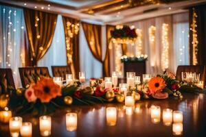a table with candles and flowers in front of a curtain. AI-Generated photo