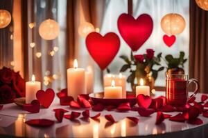 candles and hearts on a table with red petals. AI-Generated photo
