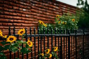 sunflowers growing in front of a fence. AI-Generated photo