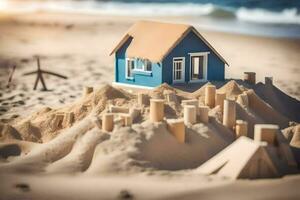 a miniature house is sitting on top of a sand dune. AI-Generated photo