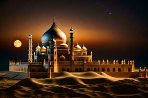 the moon rises over a mosque in the desert. AI-Generated photo