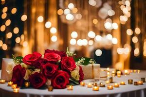 rojo rosas y velas en un mesa. generado por ai foto