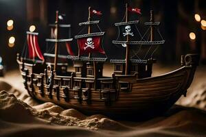 a pirate ship is sitting in the sand. AI-Generated photo