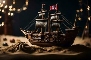 a pirate ship is sitting on the sand. AI-Generated photo