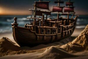 a model ship on the beach at sunset. AI-Generated photo