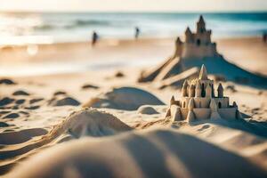 arena castillos en el playa a puesta de sol. generado por ai foto