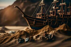 a model of a ship on the sand. AI-Generated photo