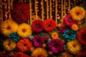 colorful flowers arranged on a wall with garlands. AI-Generated photo