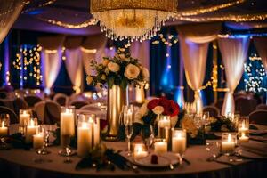 a wedding reception with candles and chandeliers. AI-Generated photo