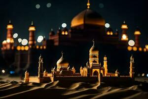 a model of a mosque in the desert at night. AI-Generated photo