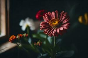 un flor es sentado en frente de un ventana. generado por ai foto