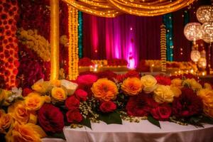 un vistoso Boda mesa con flores y velas generado por ai foto