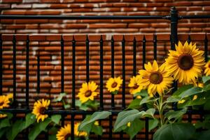 sunflowers in front of a brick wall. AI-Generated photo