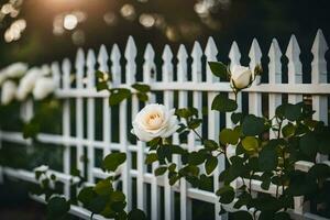 white picket fence with roses in the sun. AI-Generated photo