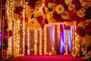 un Boda ceremonia con vistoso flores y luces. generado por ai foto