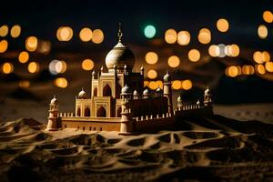 a miniature sand castle in the desert with lights. AI-Generated photo