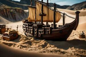 a model of a ship in the desert with sand. AI-Generated photo