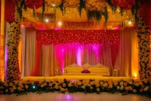a stage decorated with yellow and pink flowers. AI-Generated photo