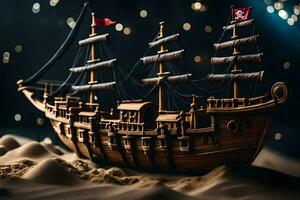 a model of a pirate ship in the sand. AI-Generated photo