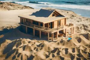 a beach house on the sand dunes near the ocean. AI-Generated photo