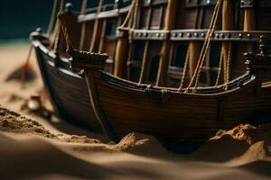 a model ship sits on the sand in the ocean. AI-Generated photo