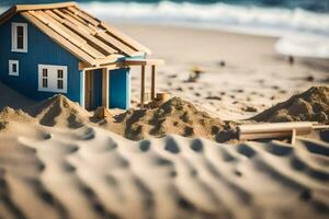 a small house on the beach with sand. AI-Generated photo