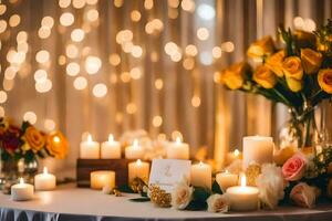 candles and flowers are on a table with a backdrop of lights. AI-Generated photo
