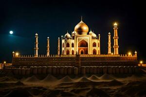 the taj mahal is lit up at night. AI-Generated photo