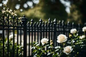 a black wrought fence with white roses. AI-Generated photo