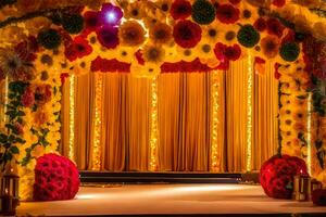 un Boda etapa decorado con flores y luces. generado por ai foto