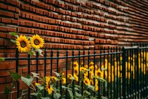 girasoles son creciente en frente de un ladrillo pared. generado por ai foto