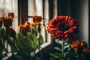 flowers in front of a window. AI-Generated photo