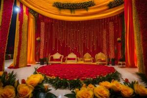 a wedding stage decorated with red and yellow flowers. AI-Generated photo