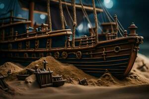 a model of a ship in the sand. AI-Generated photo