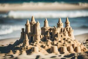 a sand castle on the beach with waves in the background. AI-Generated photo