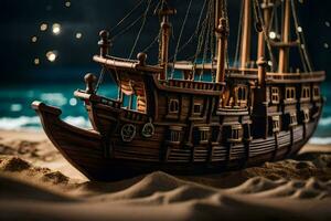 a model of a pirate ship on the beach. AI-Generated photo