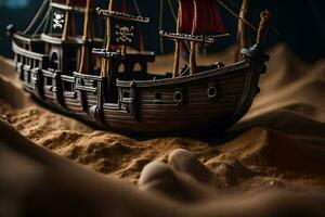 a pirate ship is sitting on a sandy beach. AI-Generated photo