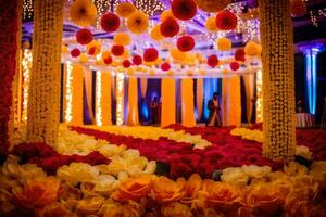 a wedding reception with colorful flowers and decorations. AI-Generated photo