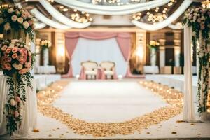 un Boda ceremonia con un blanco alfombra y rosado y oro decoraciones generado por ai foto